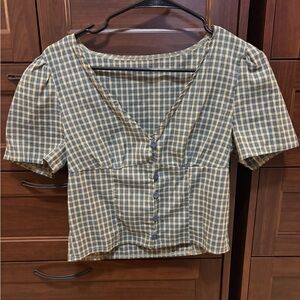 Amazon Blue, Tan, and green plaid Blouse